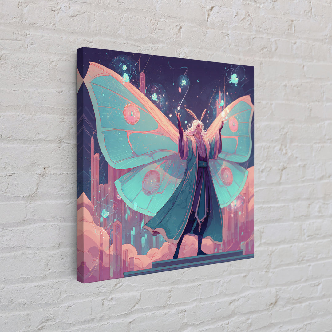The Moth Prophet Of Kadath, Cute Spooky Neon Art, Square Wall Art, Framed Canvas Print, Retro Halloween Decor, Neon Wall Art