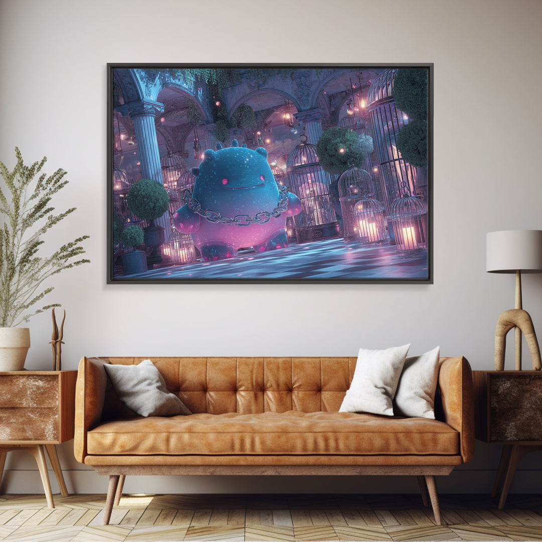 The Moonlit Shoggoth Menagerie, Vaporwave Halloween Decor, Landscape Wall Art, Framed Canvas Print, Retro Halloween Decor, Neon Wall Art