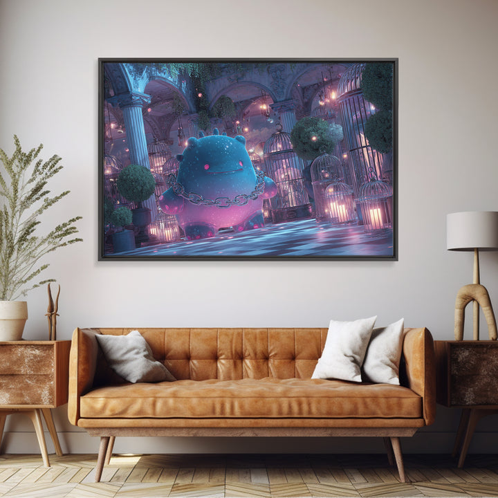 The Moonlit Shoggoth Menagerie, Vaporwave Halloween Decor, Landscape Wall Art, Framed Canvas Print, Retro Halloween Decor, Neon Wall Art