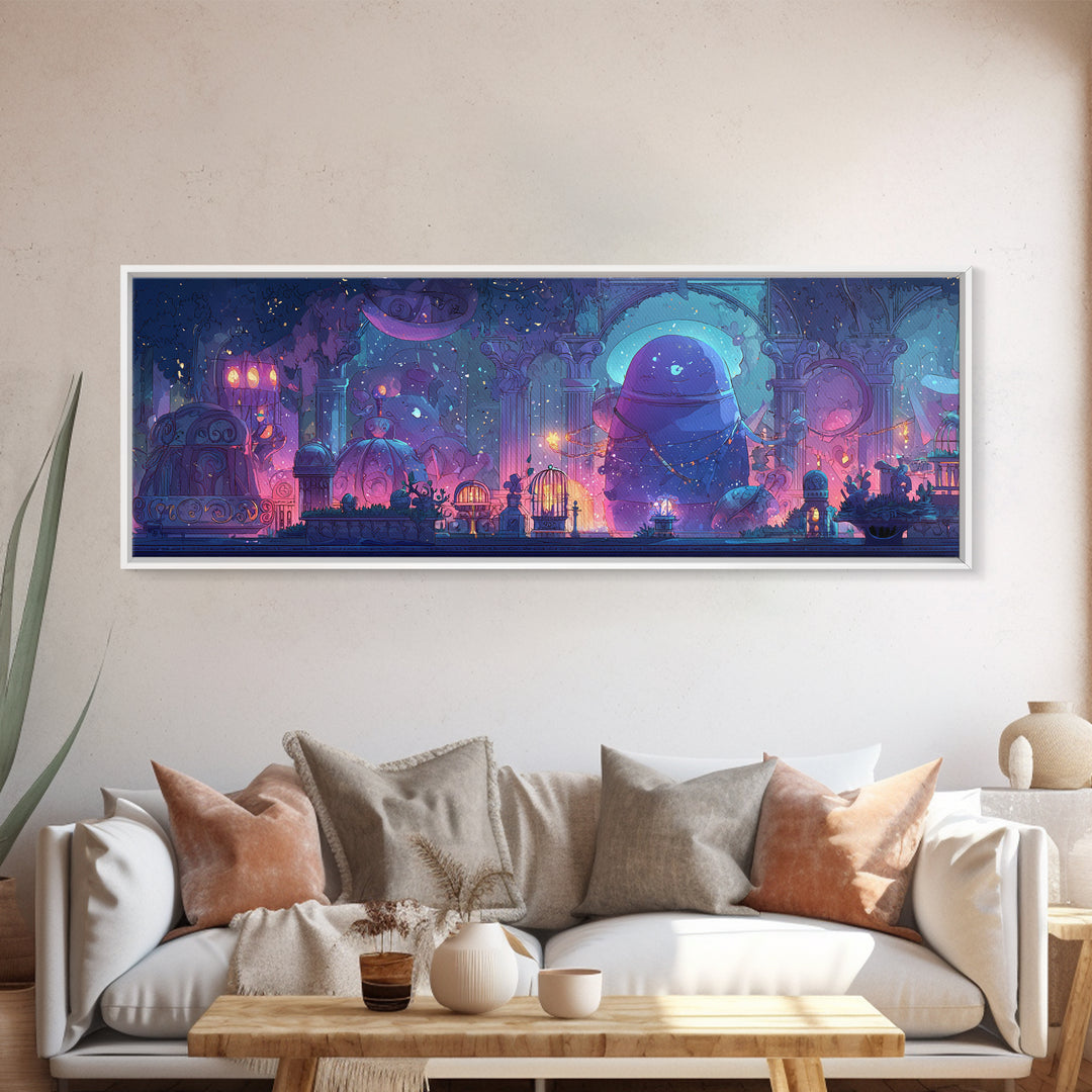 The Moonlit Shoggoth Menagerie, 80s Halloween Wall Art, Extra Wide Wall Art, Canvas Print, Retro Halloween Decor, Neon Wall Art