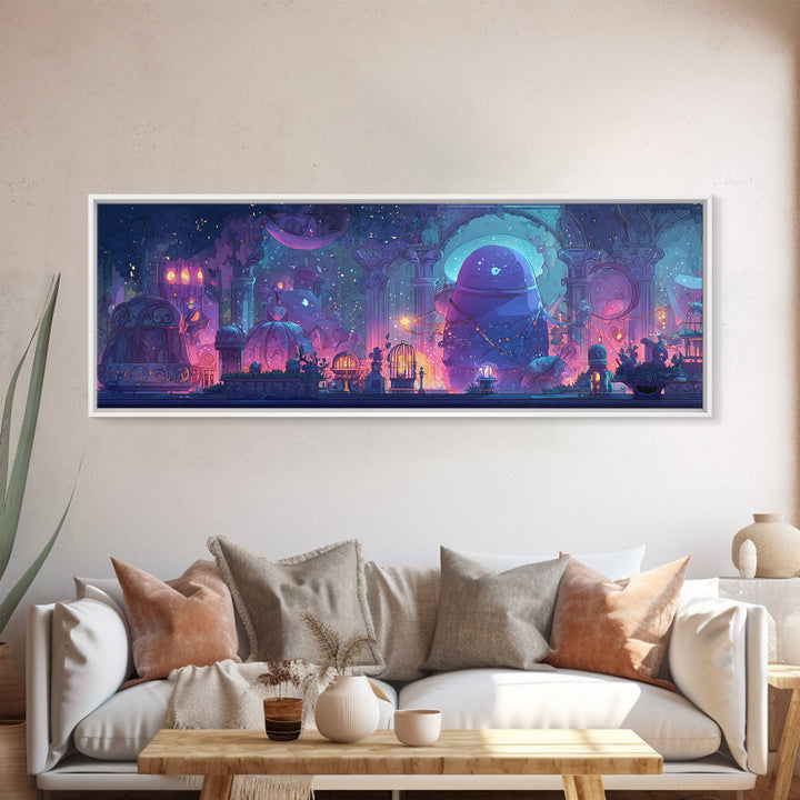 The Moonlit Shoggoth Menagerie, 80s Halloween Wall Art, Extra Wide Wall Art, Canvas Print, Retro Halloween Decor, Neon Wall Art