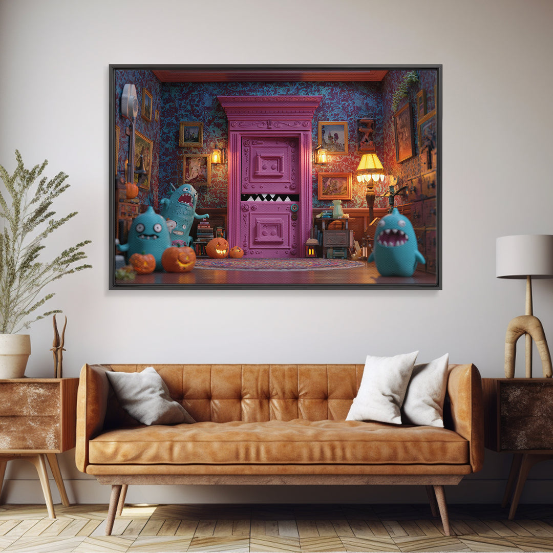 The Thirteenth Door Of Arkham House, Retro Neon Halloween Art, Landscape Wall Art, Canvas Print, Retro Halloween Decor, Neon Wall Art