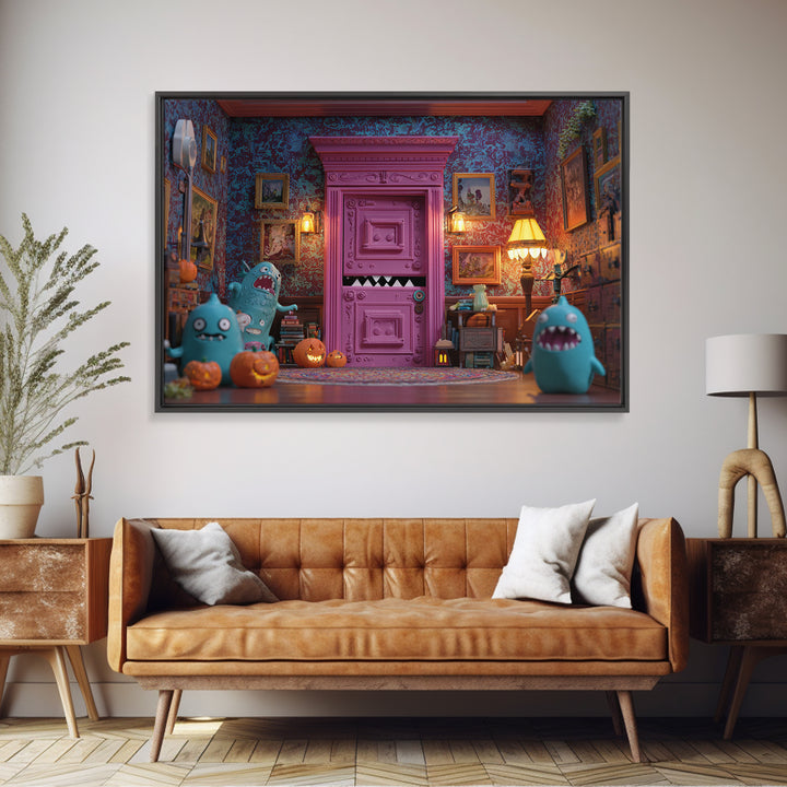The Thirteenth Door Of Arkham House, Retro Neon Halloween Art, Landscape Wall Art, Canvas Print, Retro Halloween Decor, Neon Wall Art