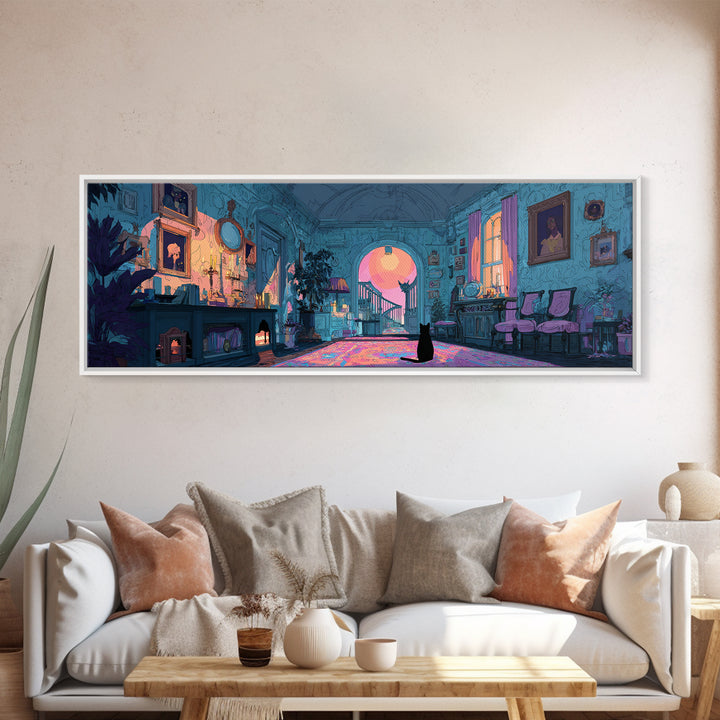The Thirteenth Door Of Arkham House, Cute Eldritch Neon Art, Extra Wide Wall Art, Framed Canvas Print, Retro Halloween Decor, Neon Wall Art