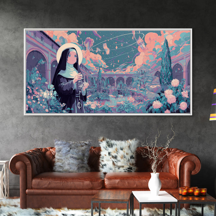 The Nun Of The Endless Constellation, Synthwave Halloween Art, Wide Panoramic Art, Framed Canvas Print, Retro Halloween Decor, Neon Wall Art