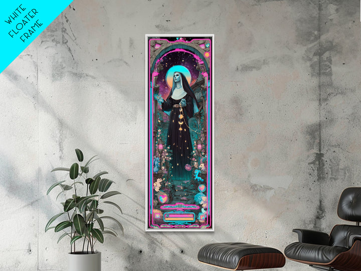 The Nun Of The Endless Constellation, Synthwave Halloween Art, Tall Narrow Wall Art, Canvas Print, Retro Halloween Decor, Neon Wall Art