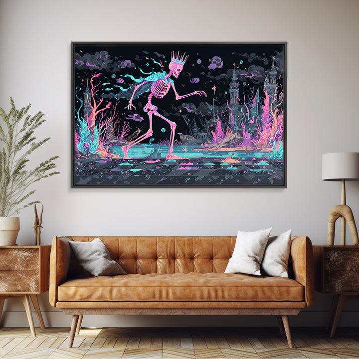 The Salt King Of The Black Shore, Cute Spooky Neon Art, Landscape Wall Art, Canvas Print, Retro Halloween Decor, Neon Wall Art