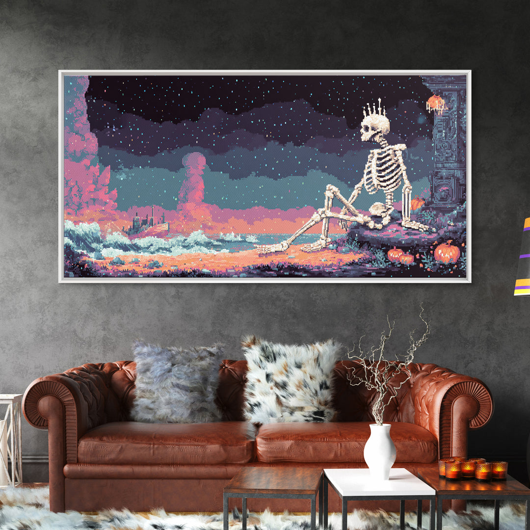 The Salt King Of The Black Shore, Vaporwave Halloween Decor, Wide Panoramic Art, Canvas Print, Retro Halloween Decor, Neon Wall Art