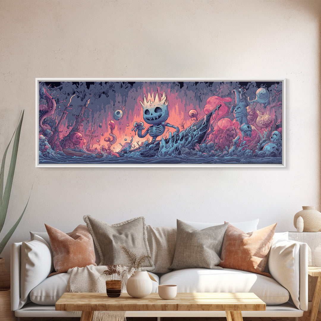 The Salt King Of The Black Shore, Cosmic Synthwave Horror, Extra Wide Wall Art, Canvas Print, Retro Halloween Decor, Neon Wall Art