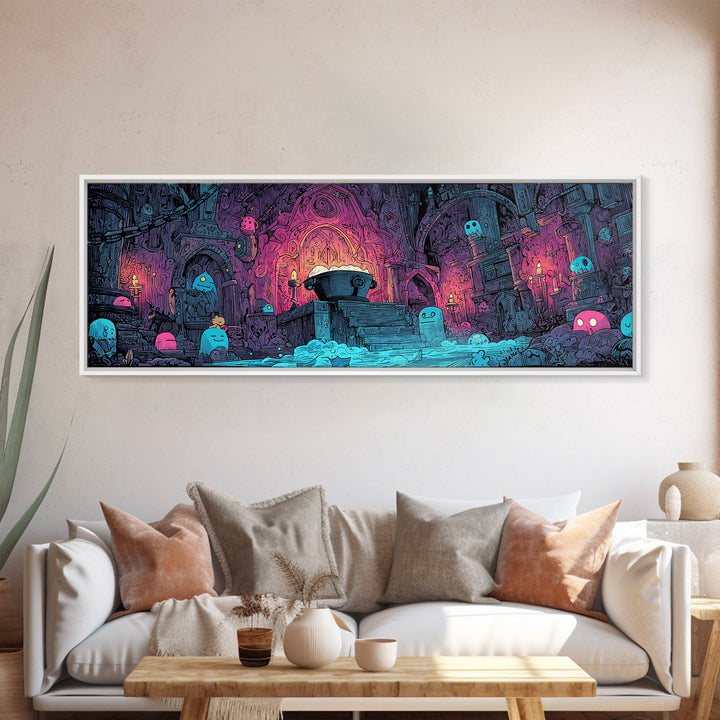 The Dreamwell Beneath Miskatonic, 80s Halloween Wall Art, Extra Wide Wall Art, Canvas Print, Retro Halloween Decor, Neon Wall Art