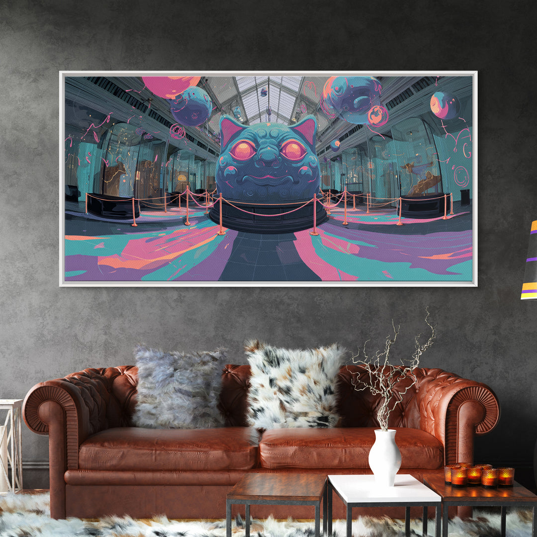 The Custodian Of The Whispering Idol, Cute Spooky Neon Art, Wide Panoramic Art, Canvas Print, Retro Halloween Decor, Neon Wall Art
