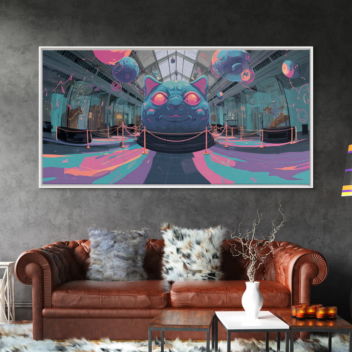 The Custodian Of The Whispering Idol, Cute Spooky Neon Art, Wide Panoramic Art, Canvas Print, Retro Halloween Decor, Neon Wall Art