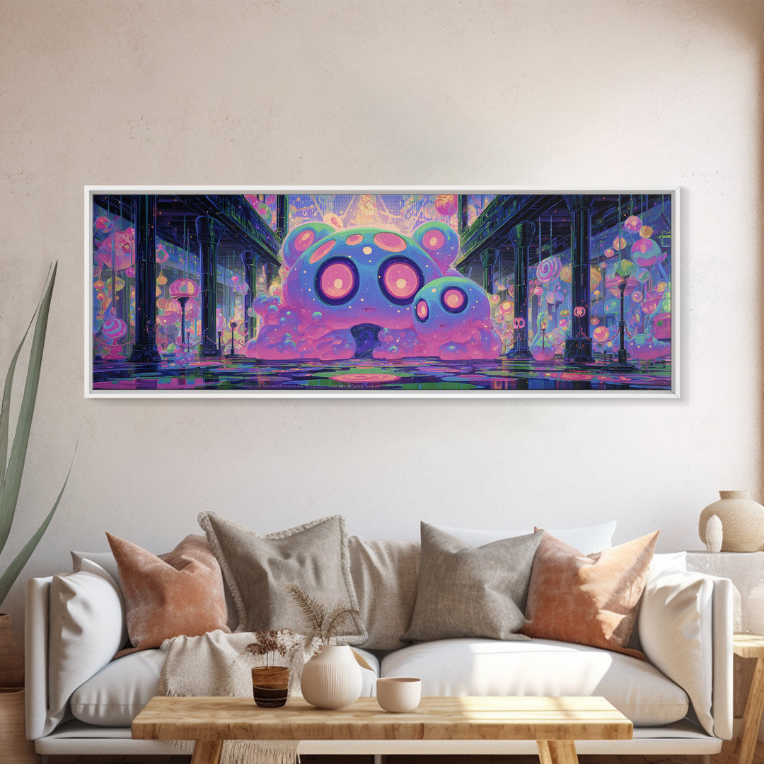 The Custodian Of The Whispering Idol, Cute Eldritch Neon Art, Extra Wide Wall Art, Framed Canvas Print, Retro Halloween Decor, Neon Wall Art