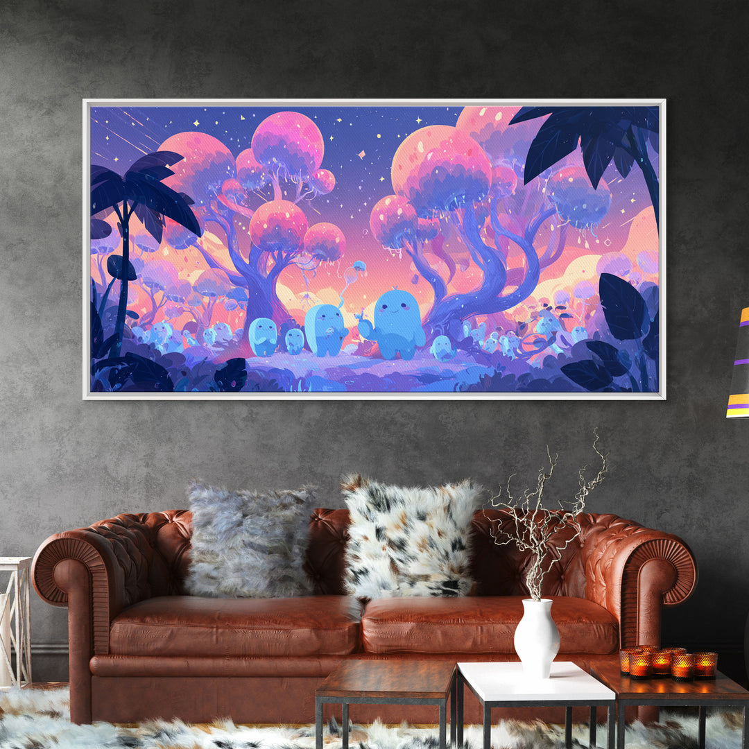 The Children Of The Star Orchard, Vaporwave Halloween Decor, Wide Panoramic Art, Framed Canvas Print, Retro Halloween Decor, Neon Wall Art