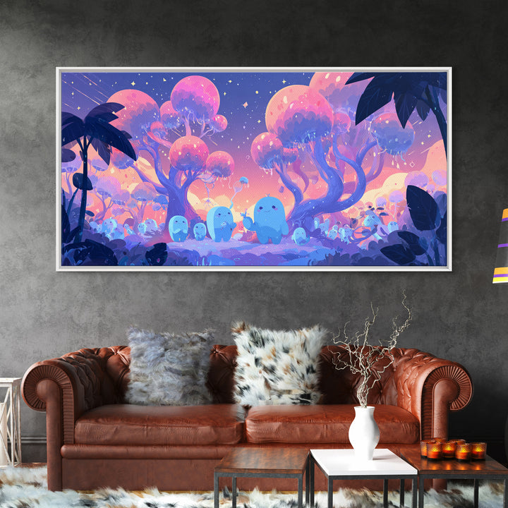 The Children Of The Star Orchard, Vaporwave Halloween Decor, Wide Panoramic Art, Framed Canvas Print, Retro Halloween Decor, Neon Wall Art