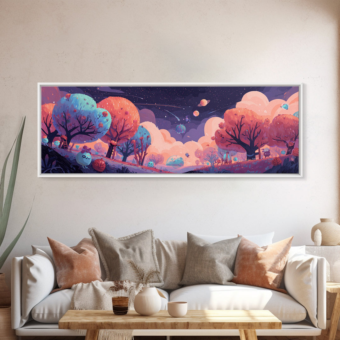 The Children Of The Star Orchard, Cosmic Synthwave Horror, Extra Wide Wall Art, Framed Canvas Print, Retro Halloween Decor, Neon Wall Art