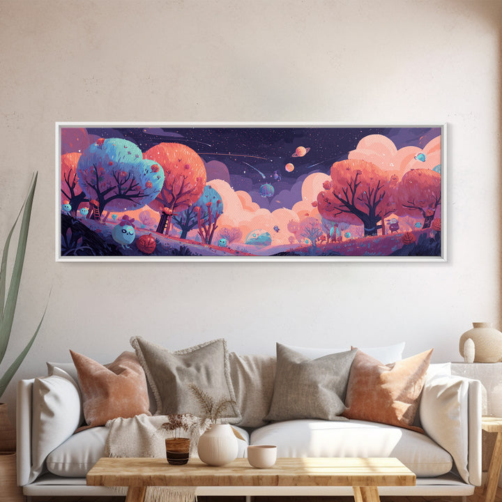 The Children Of The Star Orchard, Cosmic Synthwave Horror, Extra Wide Wall Art, Framed Canvas Print, Retro Halloween Decor, Neon Wall Art