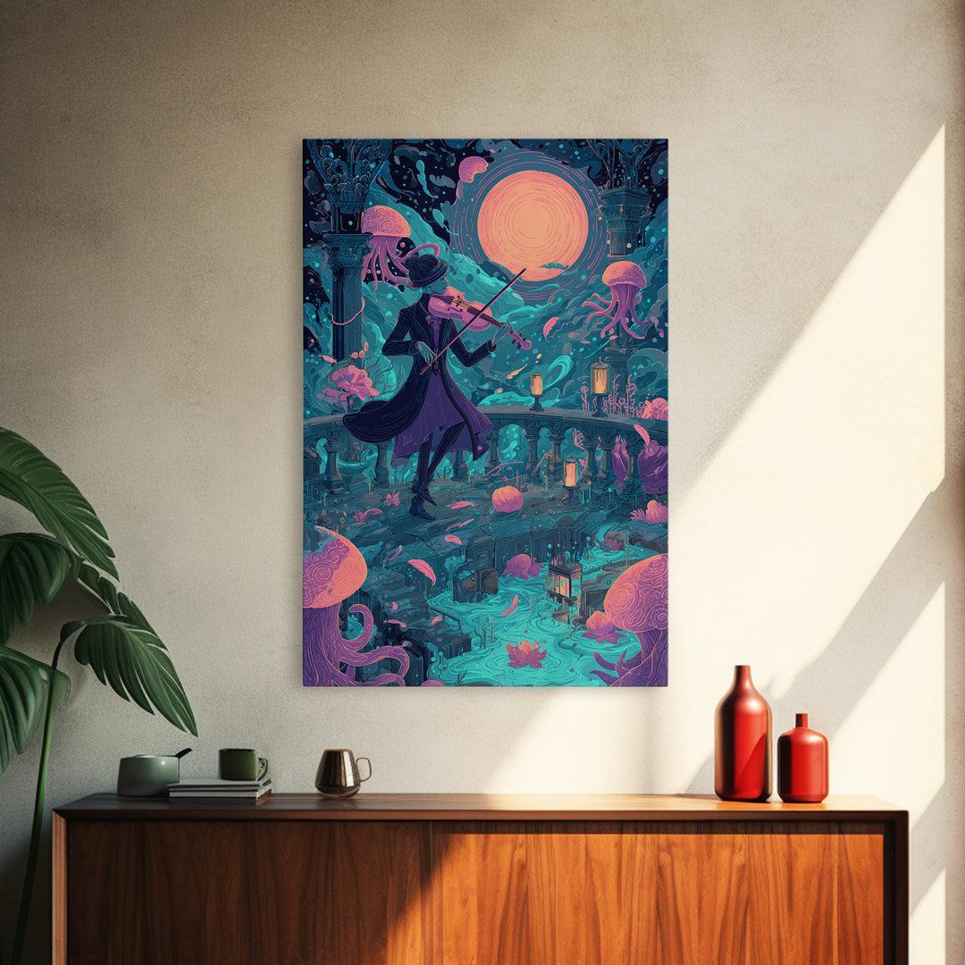 The Violinist Of The Drowned Moon, Retro Neon Halloween Art, Vertical Wall Art, Canvas Print, Retro Halloween Decor, Neon Wall Art
