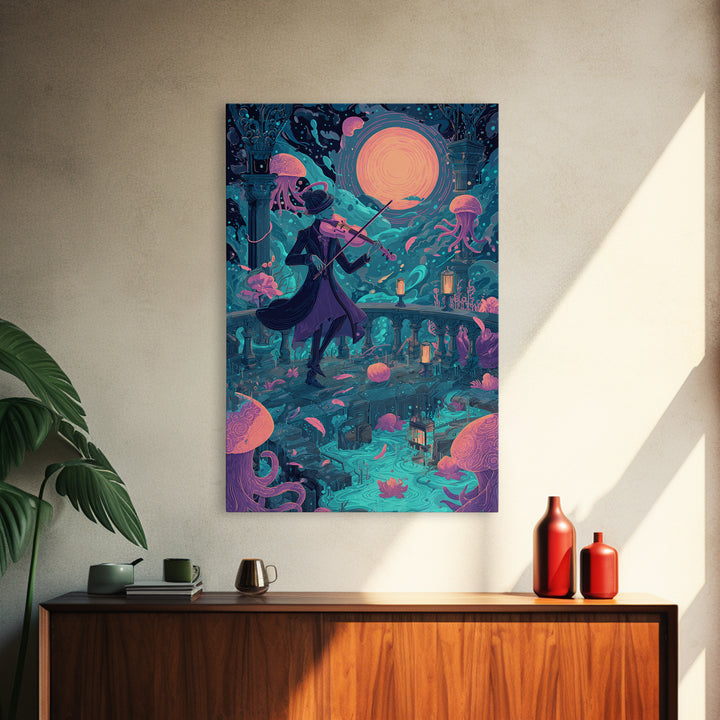 The Violinist Of The Drowned Moon, Retro Neon Halloween Art, Vertical Wall Art, Canvas Print, Retro Halloween Decor, Neon Wall Art