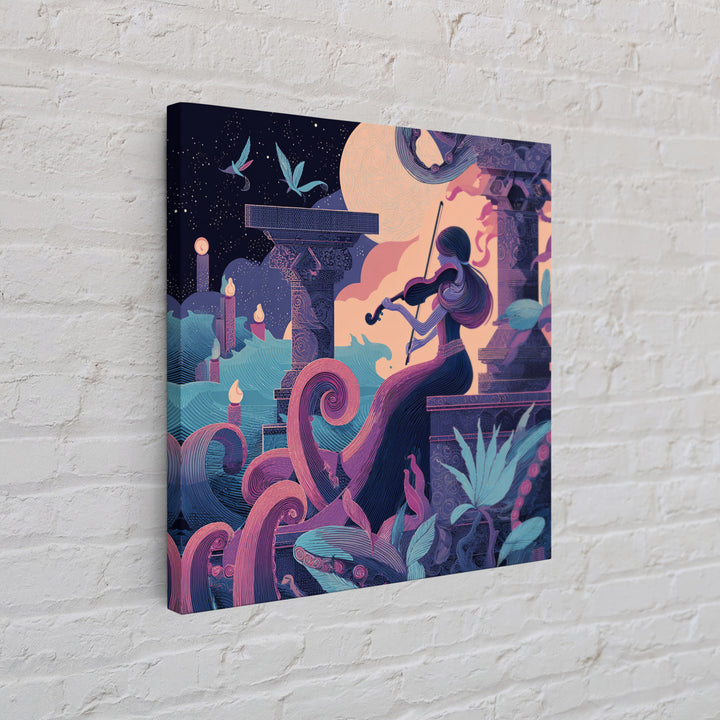 The Violinist Of The Drowned Moon, Cute Eldritch Neon Art, Square Wall Art, Canvas Print, Retro Halloween Decor, Neon Wall Art