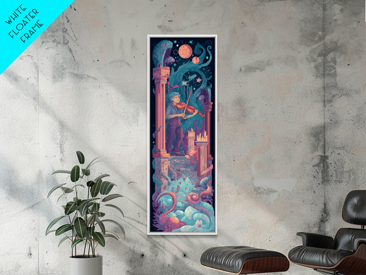 The Violinist Of The Drowned Moon, Synthwave Halloween Art, Tall Narrow Wall Art, Canvas Print, Retro Halloween Decor, Neon Wall Art