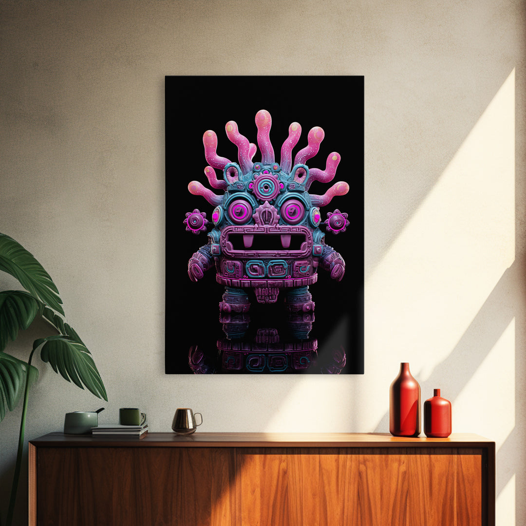 The Mask Of The Crawling God, Vaporwave Halloween Decor, Vertical Wall Art, Canvas Print, Retro Halloween Decor, Neon Wall Art