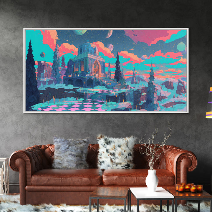 The Candelit Ark Of Forgotten Stars, Cosmic Synthwave Horror, Wide Panoramic Art, Framed Canvas Print, Retro Halloween Decor, Neon Wall Art