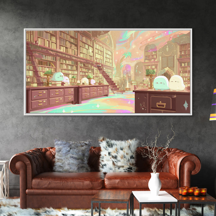 The Archivist Of Dreaming Bones, Cosmic Synthwave Horror, Wide Panoramic Art, Framed Canvas Print, Retro Halloween Decor, Neon Wall Art