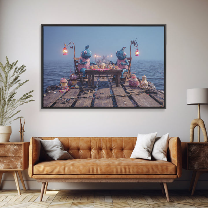 The Tea Party At Innsmouth Pier, 80s Halloween Wall Art, Landscape Wall Art, Framed Canvas Print, Retro Halloween Decor, Neon Wall Art