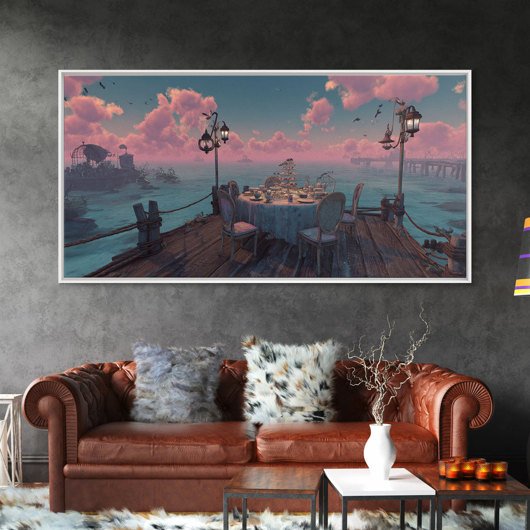 The Tea Party At Innsmouth Pier, Cute Eldritch Neon Art, Wide Panoramic Art, Canvas Print, Retro Halloween Decor, Neon Wall Art