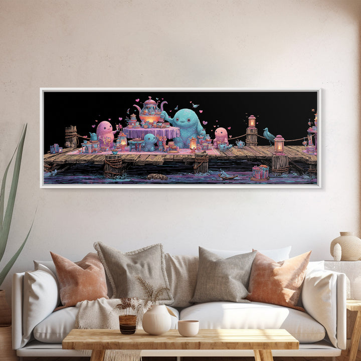 The Tea Party At Innsmouth Pier, Cute Eldritch Neon Art, Extra Wide Wall Art, Canvas Print, Retro Halloween Decor, Neon Wall Art
