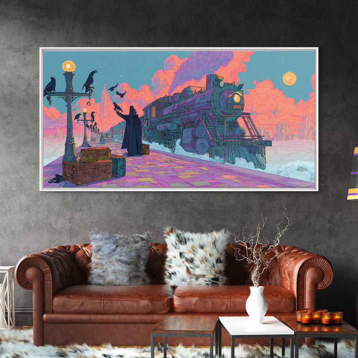 The Phantom Train To Kadath, Cute Spooky Neon Art, Wide Panoramic Art, Framed Canvas Print, Retro Halloween Decor, Neon Wall Art