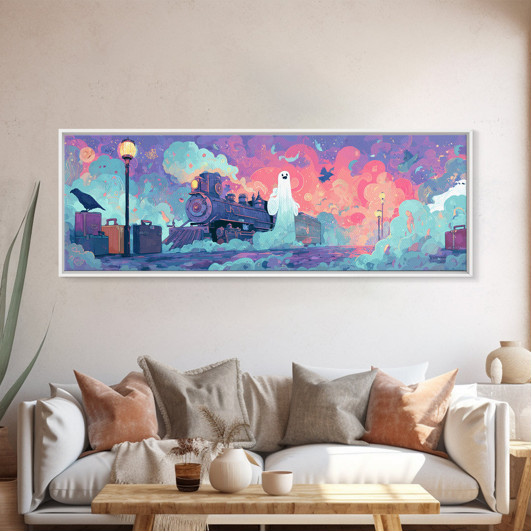 The Phantom Train To Kadath, 80s Halloween Wall Art, Extra Wide Wall Art, Canvas Print, Retro Halloween Decor, Neon Wall Art