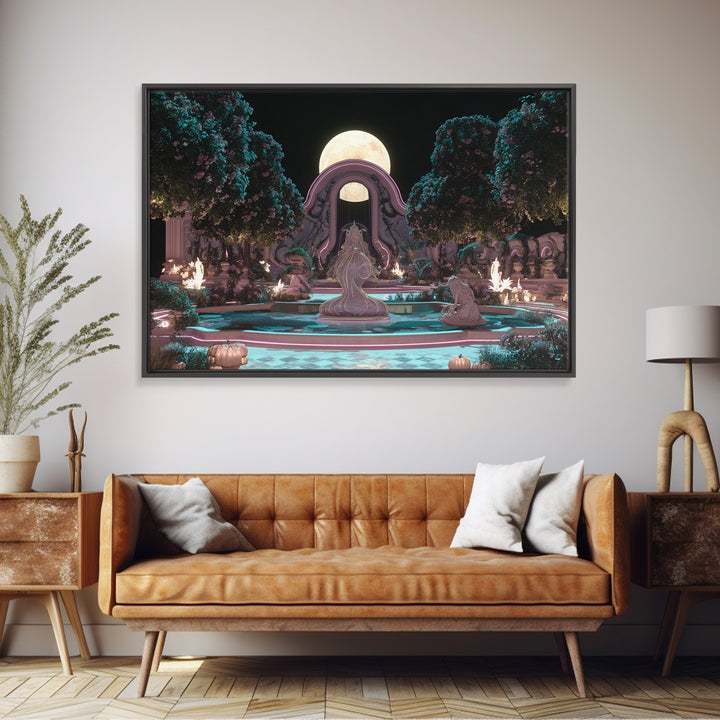 The Garden Of The Eyeless Moon, Synthwave Halloween Art, Landscape Wall Art, Framed Canvas Print, Retro Halloween Decor, Neon Wall Art