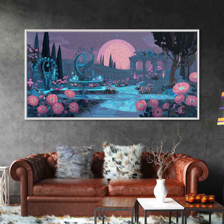 The Garden Of The Eyeless Moon, Synthwave Halloween Art, Wide Panoramic Art, Framed Canvas Print, Retro Halloween Decor, Neon Wall Art