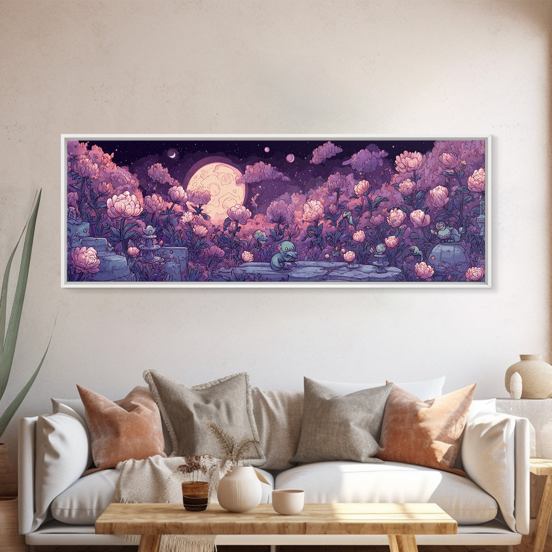 The Garden Of The Eyeless Moon, Synthwave Halloween Art, Extra Wide Wall Art, Framed Canvas Print, Retro Halloween Decor, Neon Wall Art