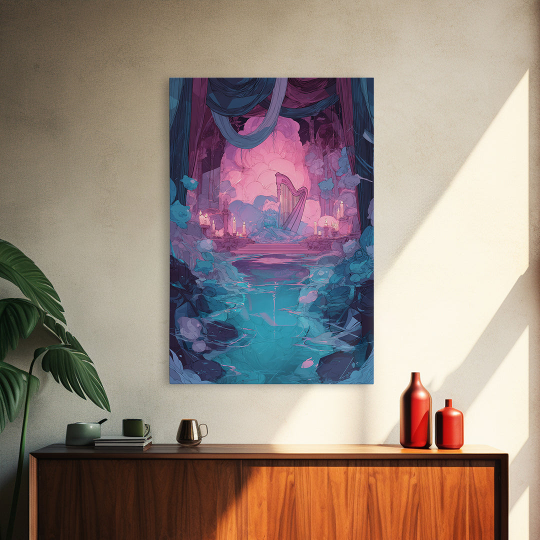 The Harpist Of Abyssal Sleep, Cute Eldritch Neon Art, Vertical Wall Art, Canvas Print, Retro Halloween Decor, Neon Wall Art