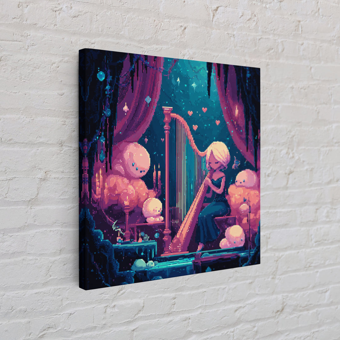 The Harpist Of Abyssal Sleep, Retro Neon Halloween Art, Square Wall Art, Framed Canvas Print, Retro Halloween Decor, Neon Wall Art