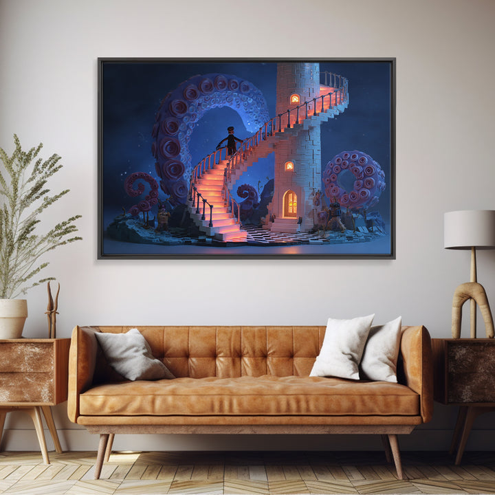 The Last Lighthouse Of Y’Ha-Nthlei, Cute Spooky Neon Art, Landscape Wall Art, Framed Canvas Print, Retro Halloween Decor, Neon Wall Art