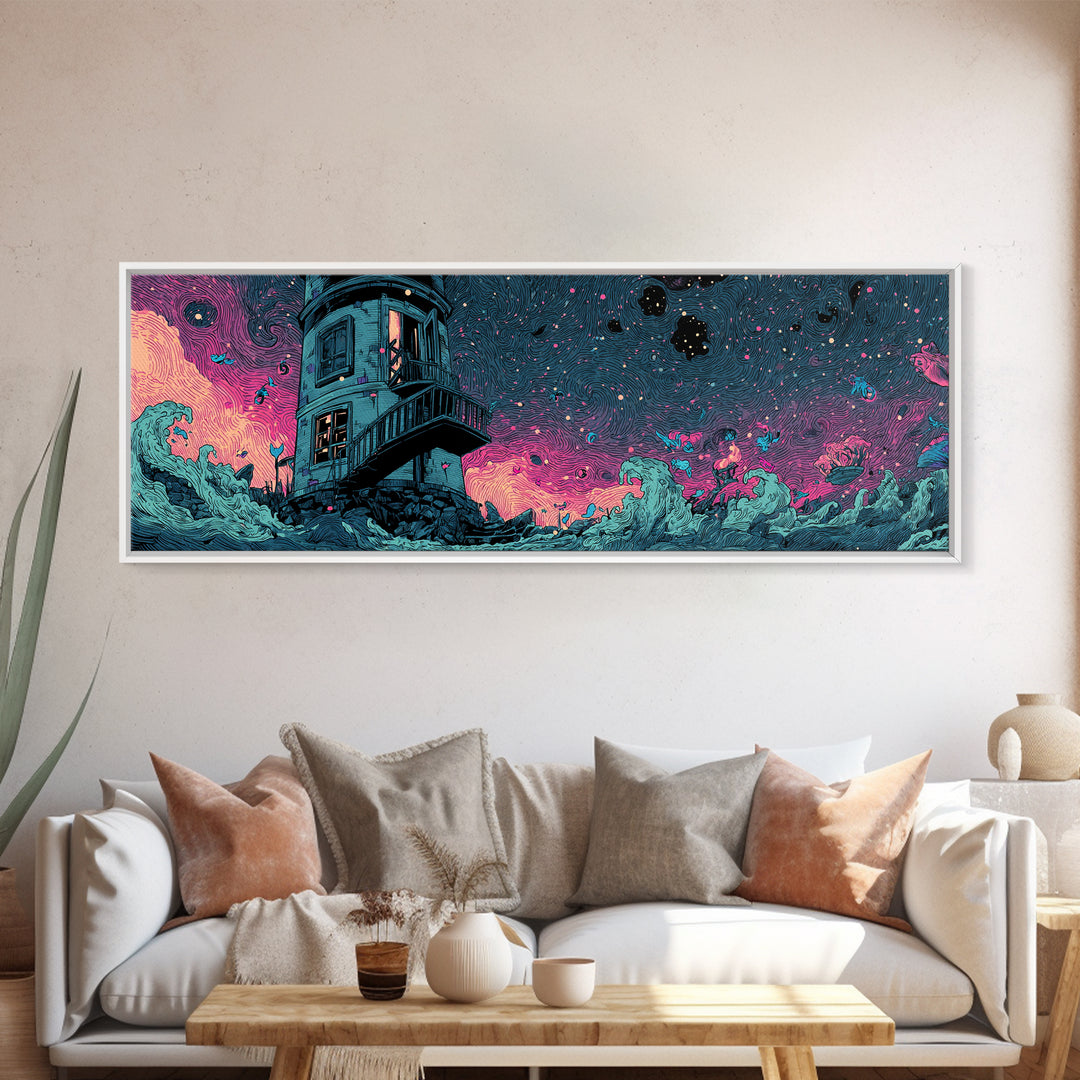 The Last Lighthouse Of Y’Ha-Nthlei, Synthwave Halloween Art, Extra Wide Wall Art, Framed Canvas Print, Retro Halloween Decor, Neon Wall Art