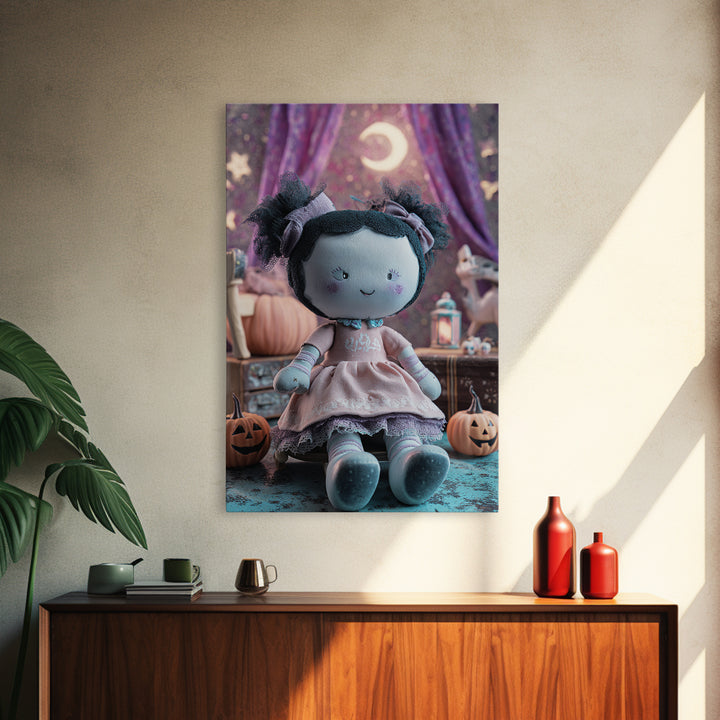 The Doll From Beyond The Void, Retro Neon Halloween Art, Vertical Wall Art, Framed Canvas Print, Retro Halloween Decor, Neon Wall Art