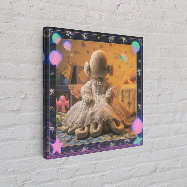 The Doll From Beyond The Void, Cosmic Synthwave Horror, Square Wall Art, Framed Canvas Print, Retro Halloween Decor, Neon Wall Art