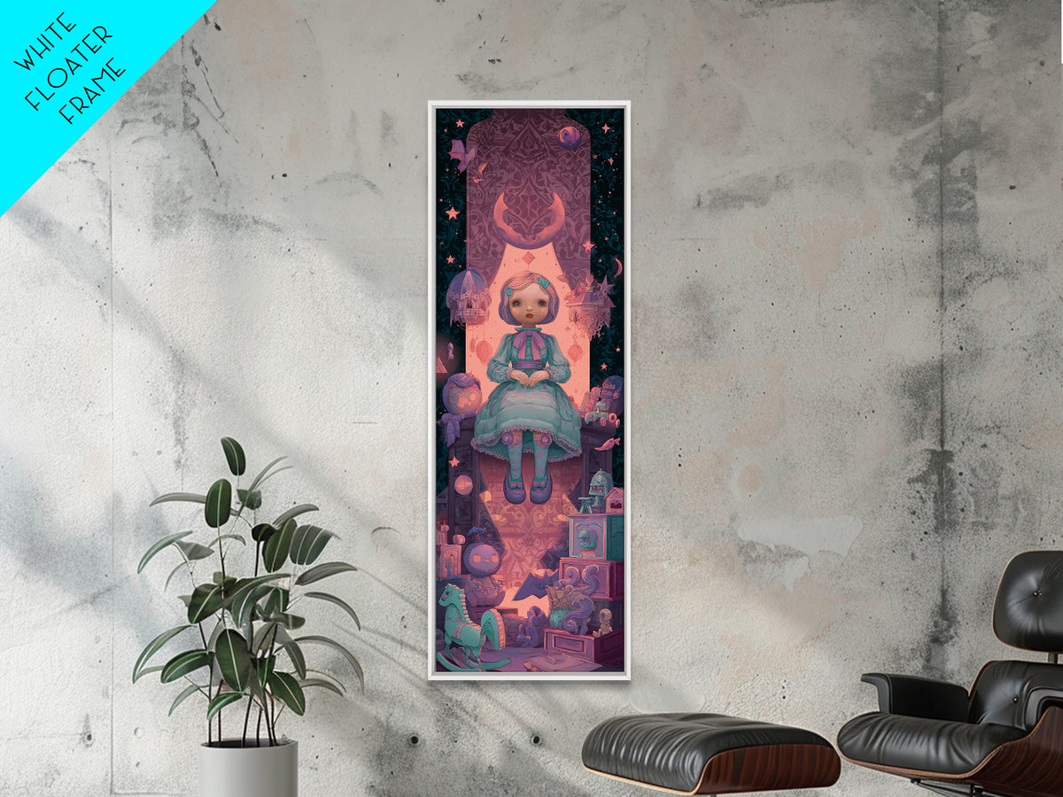 The Doll From Beyond The Void, 80s Halloween Wall Art, Tall Narrow Wall Art, Canvas Print, Retro Halloween Decor, Neon Wall Art