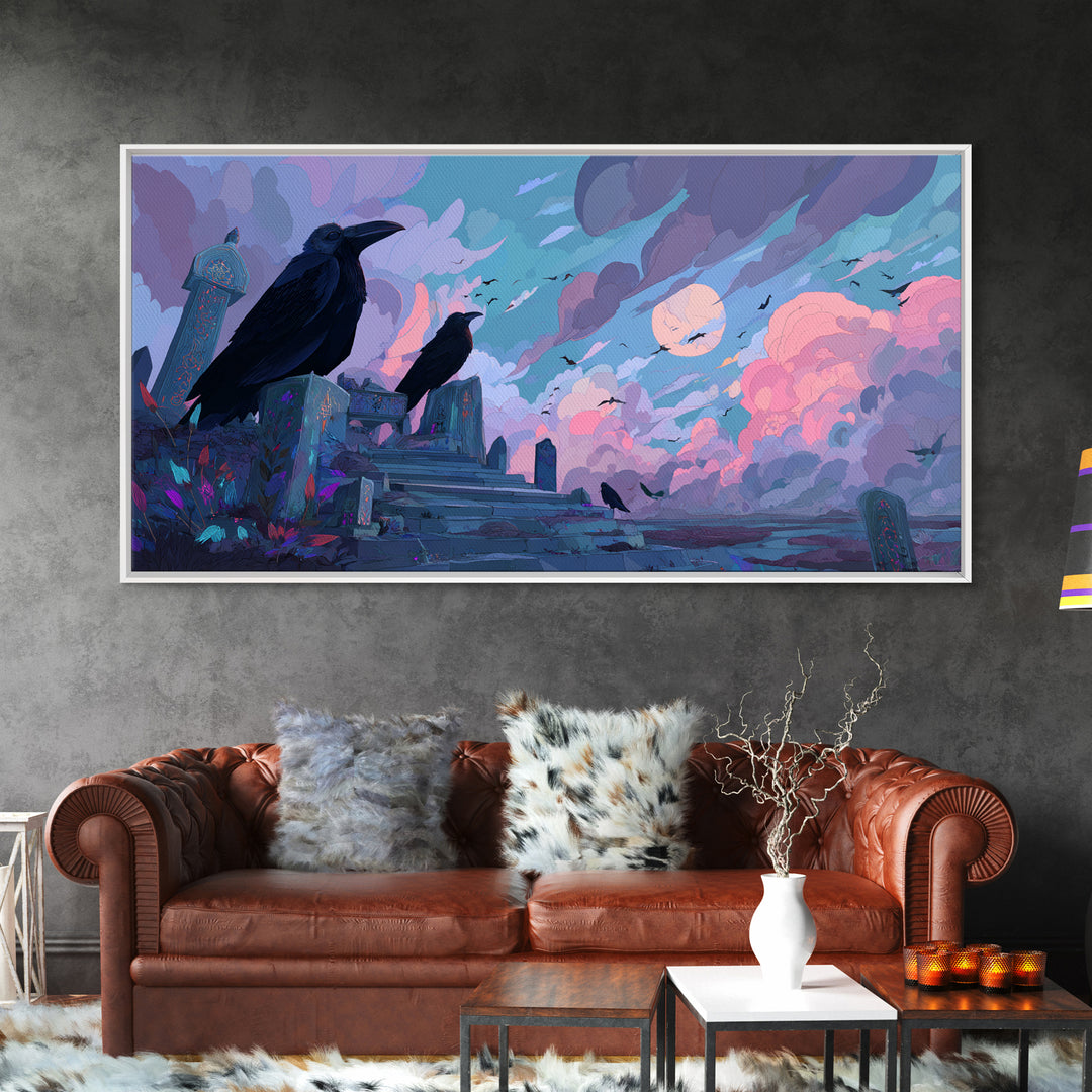 The Raven Sermon Of Leng, Cute Eldritch Neon Art, Wide Panoramic Art, Framed Canvas Print, Retro Halloween Decor, Neon Wall Art