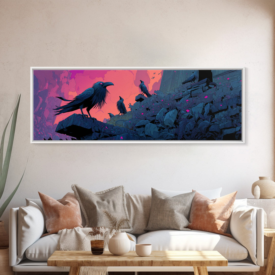 The Raven Sermon Of Leng, Synthwave Halloween Art, Extra Wide Wall Art, Canvas Print, Retro Halloween Decor, Neon Wall Art