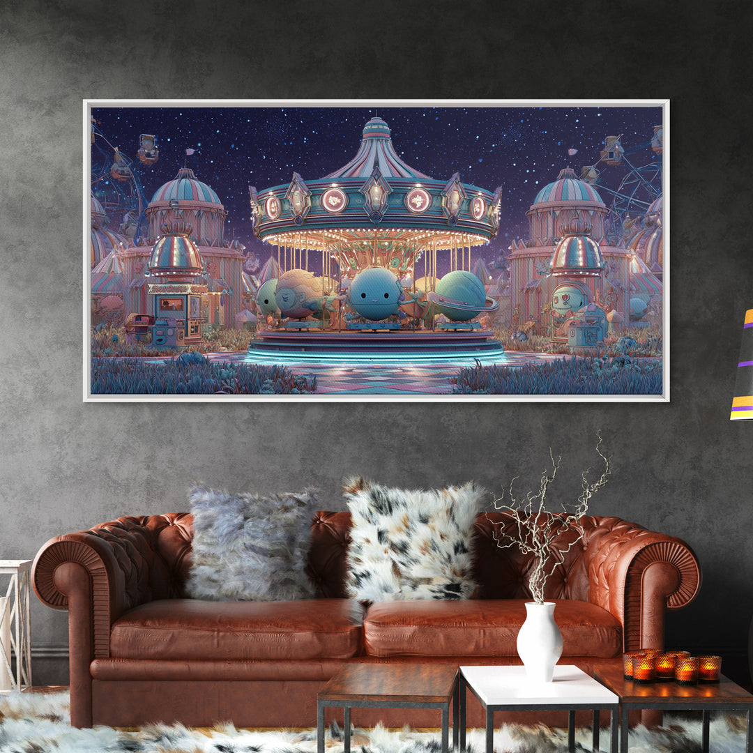 The Carousel Of Sleeping Planets, Retro Neon Halloween Art, Wide Panoramic Art, Canvas Print, Retro Halloween Decor, Neon Wall Art