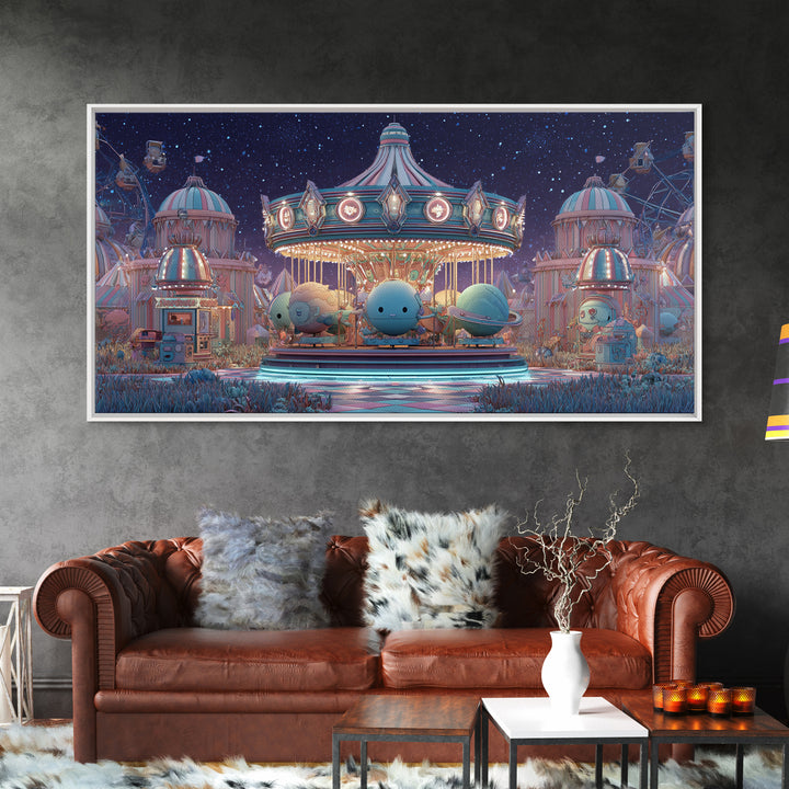 The Carousel Of Sleeping Planets, Retro Neon Halloween Art, Wide Panoramic Art, Canvas Print, Retro Halloween Decor, Neon Wall Art