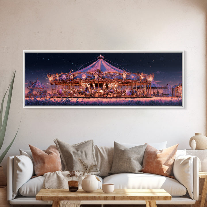 The Carousel Of Sleeping Planets, Cosmic Synthwave Horror, Extra Wide Wall Art, Canvas Print, Retro Halloween Decor, Neon Wall Art