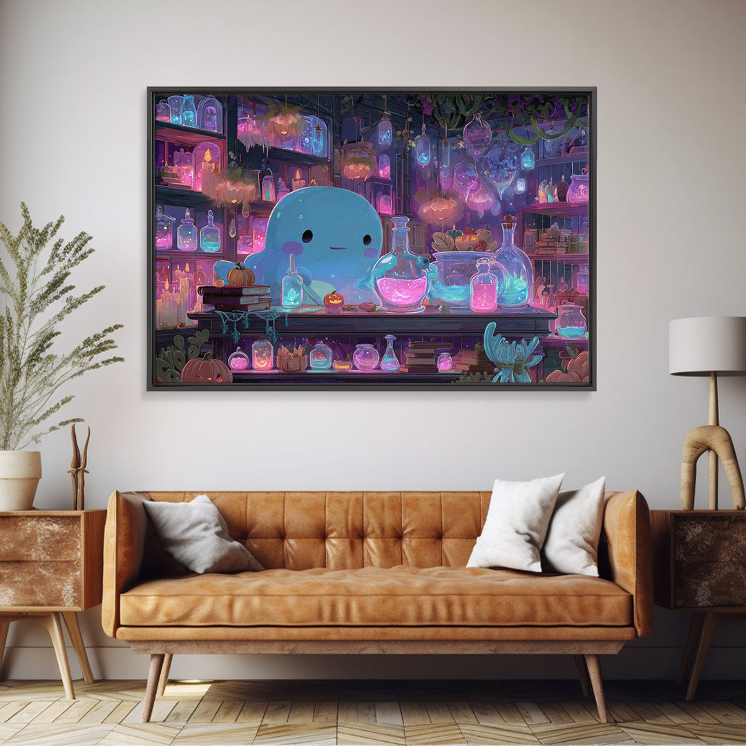 The Apothecary Of Black Seashell Dreams, Cosmic Synthwave Horror, Landscape Wall Art, Framed Canvas Print, Retro Halloween Decor