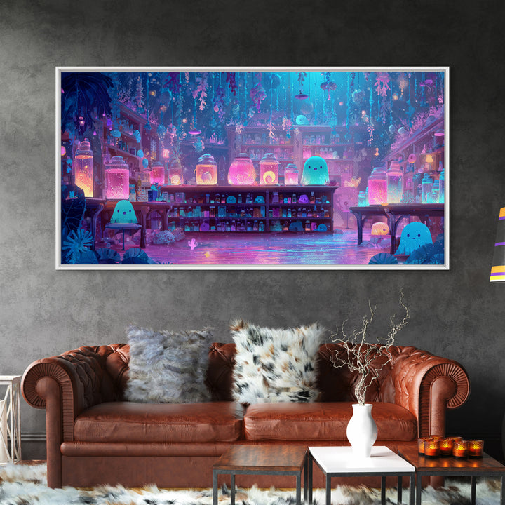 The Apothecary Of Black Seashell Dreams, Cute Eldritch Neon Art, Wide Panoramic Art, Canvas Print, Retro Halloween Decor, Neon Wall Art